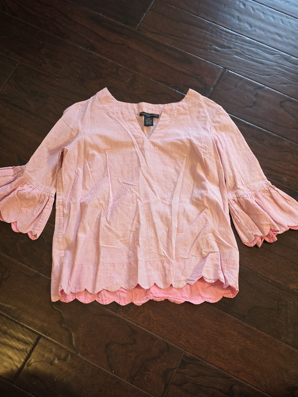 Preswick & Moore Pink Striped Scallop-Hem Flutter Sleeve Blouse